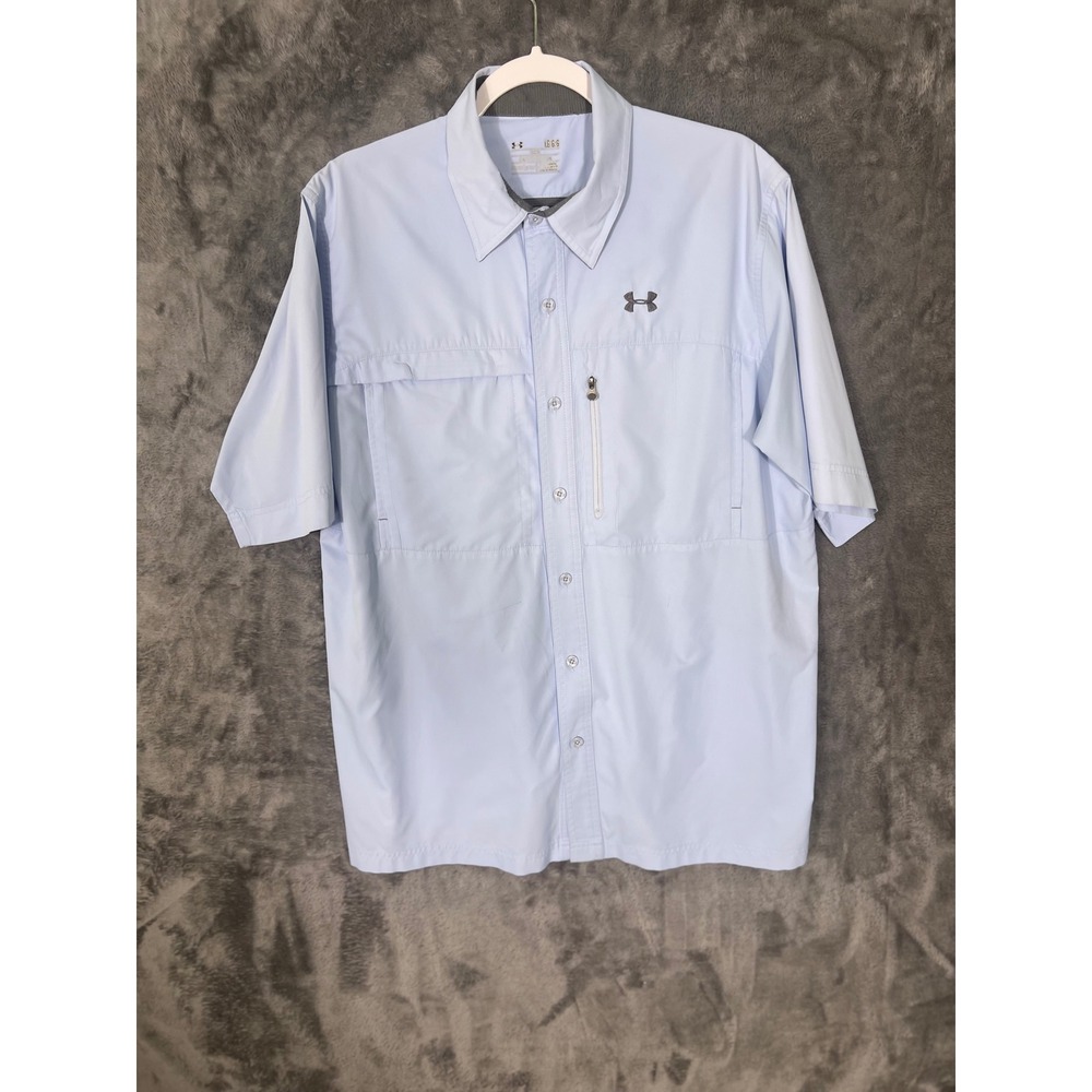 Under Armour Loose HeatGear Short Sleeve Fishing Shirt Light Blue Mens Large
